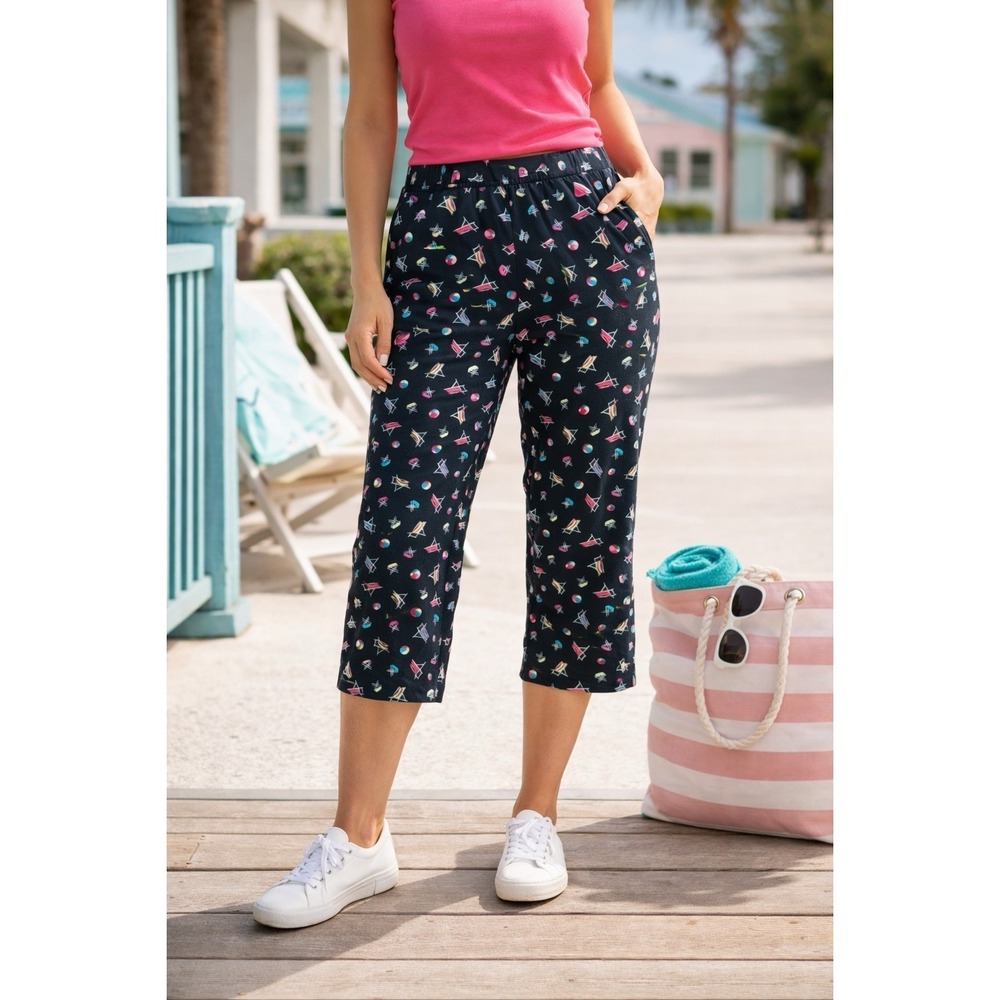 Eric Casual Women's Small (4) Capri Pants Black Beach Umbrella Ball‎ Print Crop